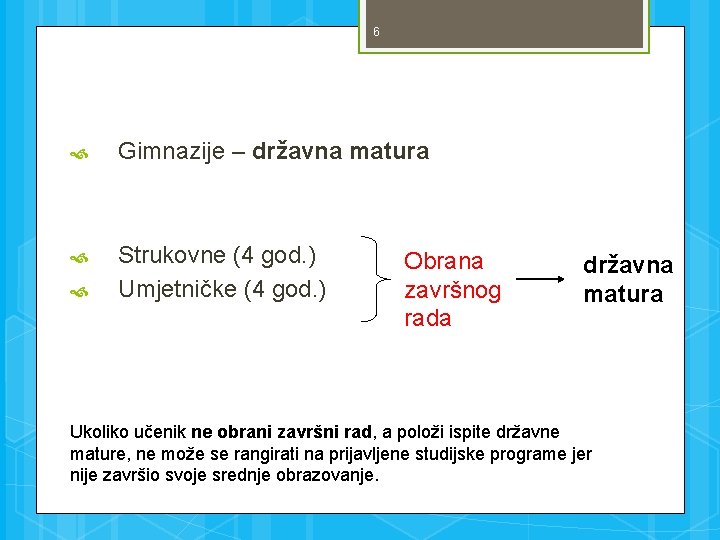 6 Gimnazije – državna matura Strukovne (4 god. ) Umjetničke (4 god. ) Obrana