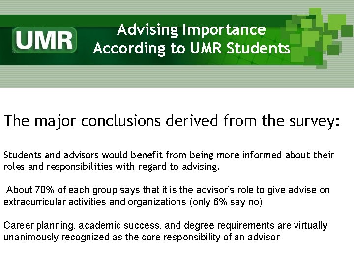 Advising Importance According to UMR Students The major conclusions derived from the survey: Students