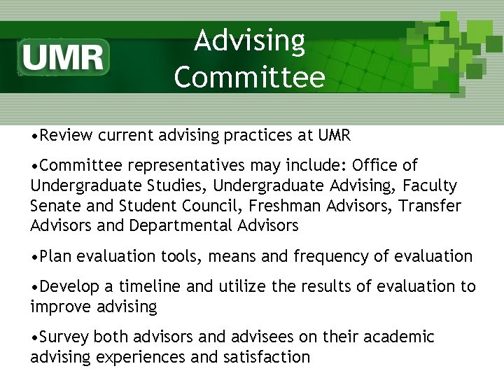 Advising Committee • Review current advising practices at UMR • Committee representatives may include: