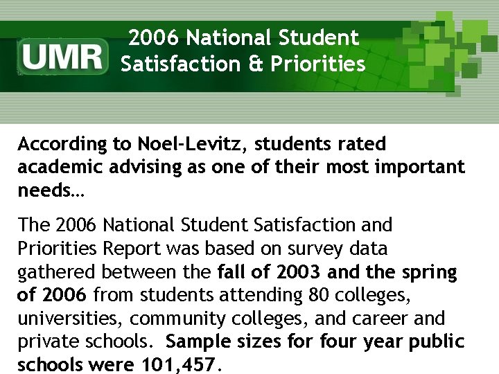 2006 National Student Satisfaction & Priorities According to Noel-Levitz, students rated academic advising as