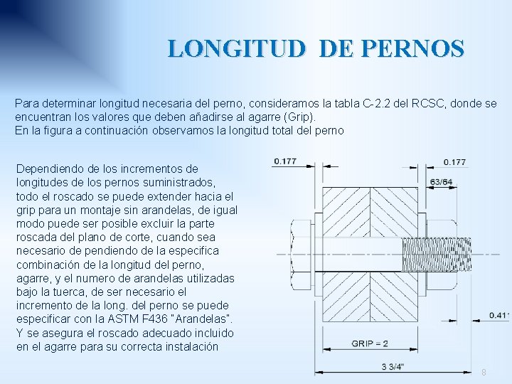 LONGITUD DE PERNOS Para determinar longitud necesaria del perno, consideramos la tabla C-2. 2