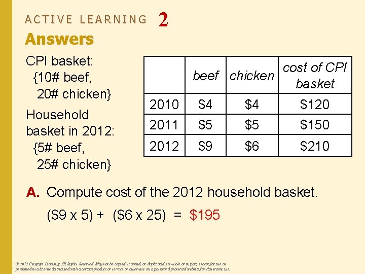 ACTIVE LEARNING Answers CPI basket: {10# beef, 20# chicken} Household basket in 2012: {5#