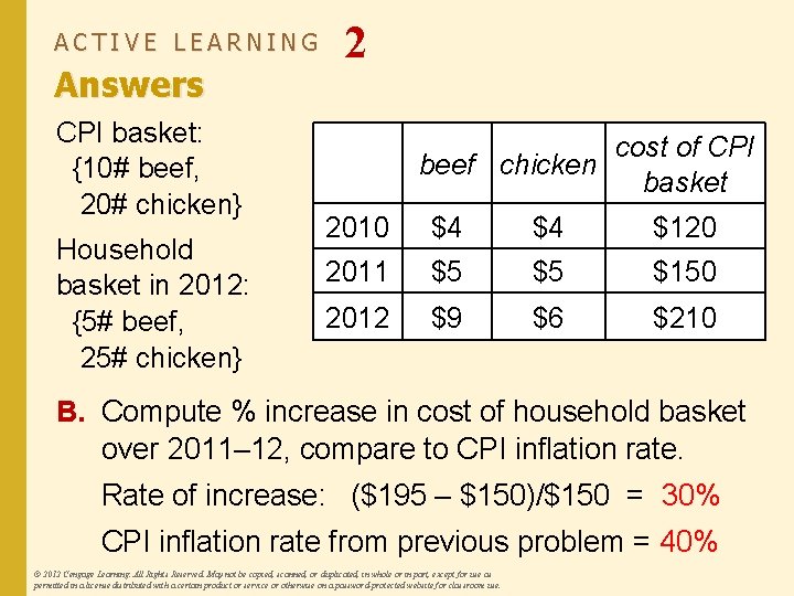 ACTIVE LEARNING Answers CPI basket: {10# beef, 20# chicken} Household basket in 2012: {5#