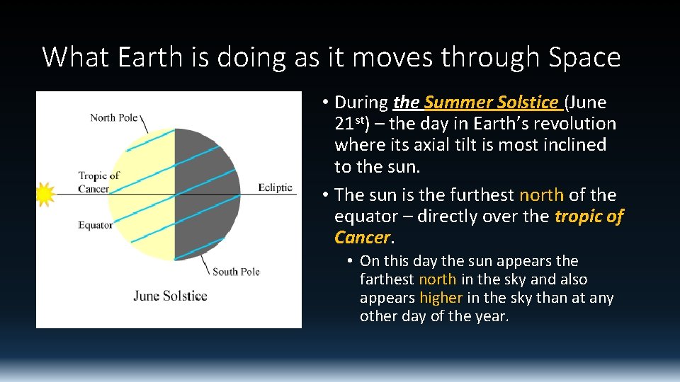 What Earth is doing as it moves through Space • During the Summer Solstice