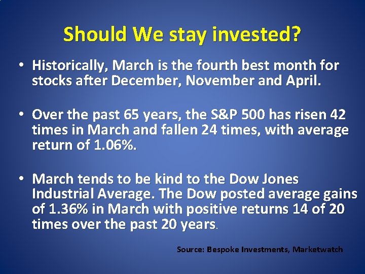 Should We stay invested? • Historically, March is the fourth best month for stocks