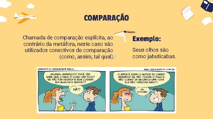 COMPARAÇÃO Chamada de comparação explícita, ao contrário da metáfora, neste caso são utilizados conectivos