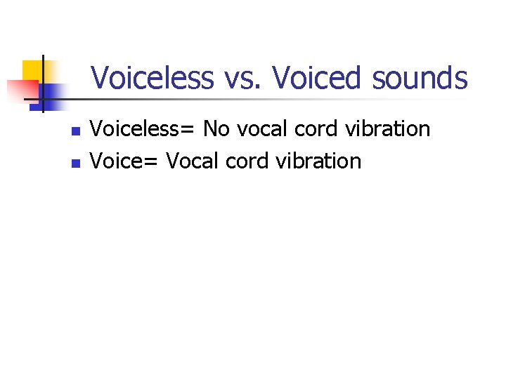 Voiceless vs. Voiced sounds n n Voiceless= No vocal cord vibration Voice= Vocal cord