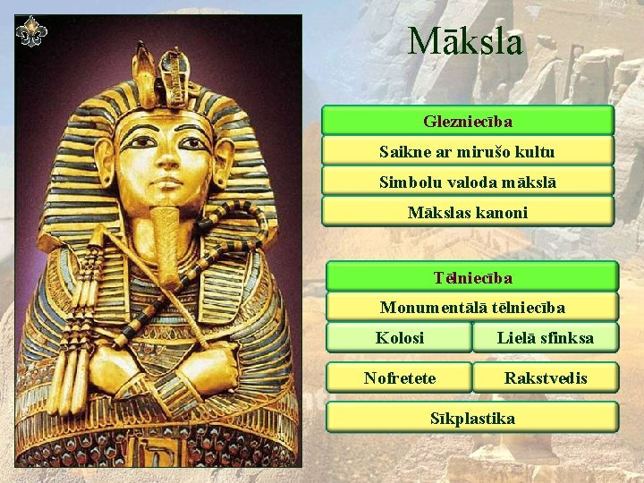 Māksla Glezniecība Saikne ar mirušo kultu Simbolu valoda mākslā Mākslas kanoni Tēlniecība Monumentālā tēlniecība