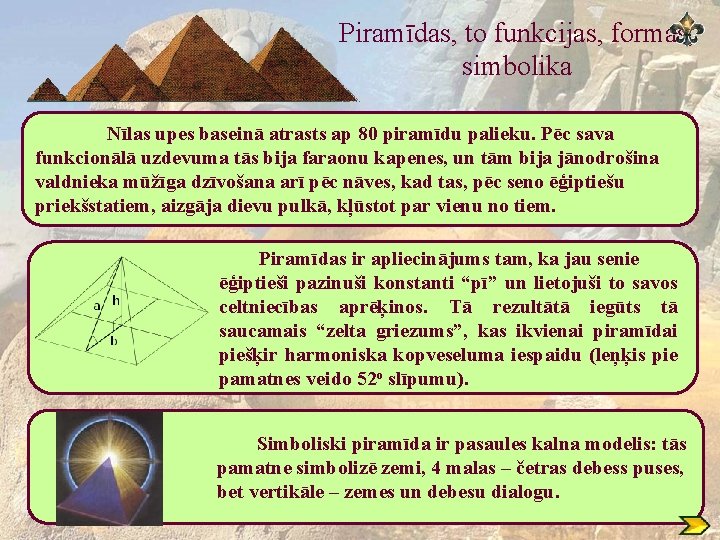 Piramīdas, to funkcijas, formas, simbolika Nīlas upes baseinā atrasts ap 80 piramīdu palieku. Pēc