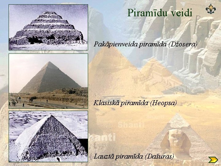 Piramīdu veidi Pakāpienveida piramīda (Džosera) Klasiskā piramīda (Heopsa) Dašuras Lauztā piramīda (Dašuras) 
