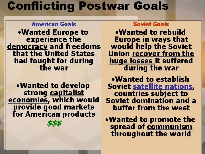 Conflicting Postwar Goals American Goals • Wanted Europe to experience the democracy and freedoms