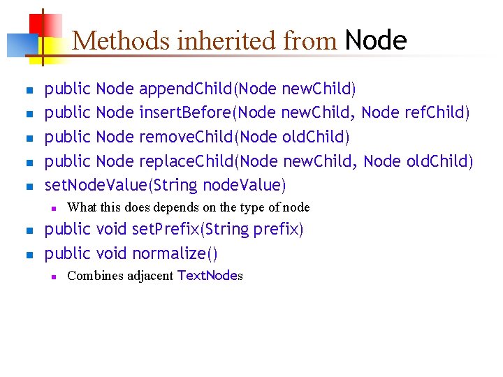 Methods inherited from Node n n n public Node append. Child(Node new. Child) public