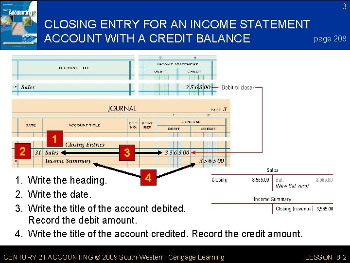 3 CLOSING ENTRY FOR AN INCOME STATEMENT page 208 ACCOUNT WITH A CREDIT BALANCE