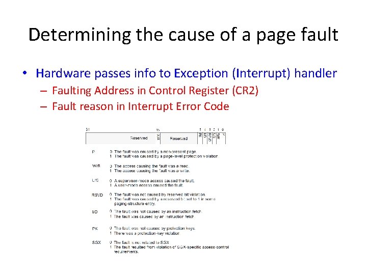 Determining the cause of a page fault • Hardware passes info to Exception (Interrupt) Determining the cause of a page fault • Hardware passes info to Exception (Interrupt)