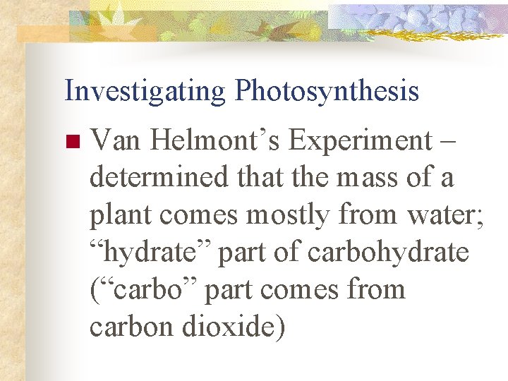 Investigating Photosynthesis n Van Helmont’s Experiment – determined that the mass of a plant