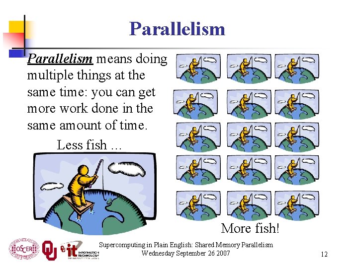 Parallelism means doing multiple things at the same time: you can get more work