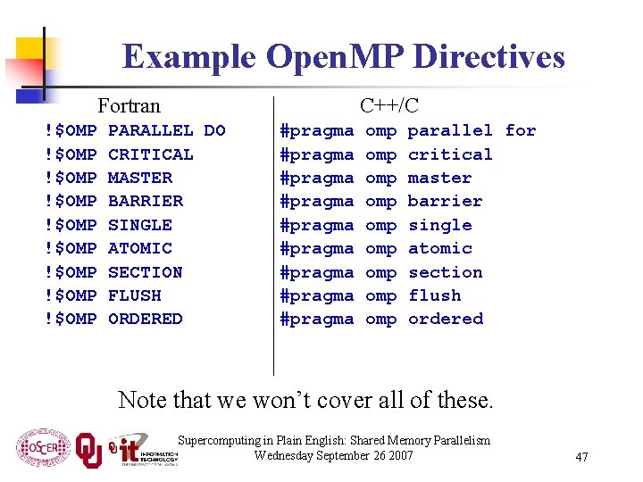 Example Open. MP Directives Fortran !$OMP !$OMP !$OMP C++/C PARALLEL DO CRITICAL MASTER BARRIER