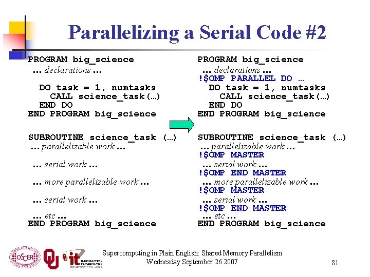 Parallelizing a Serial Code #2 PROGRAM big_science … declarations … DO task = 1,