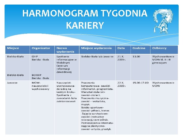 HARMONOGRAM TYGODNIA KARIERY 