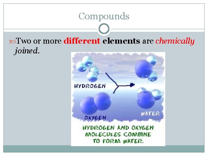 Compounds Two or more different elements are chemically joined. 