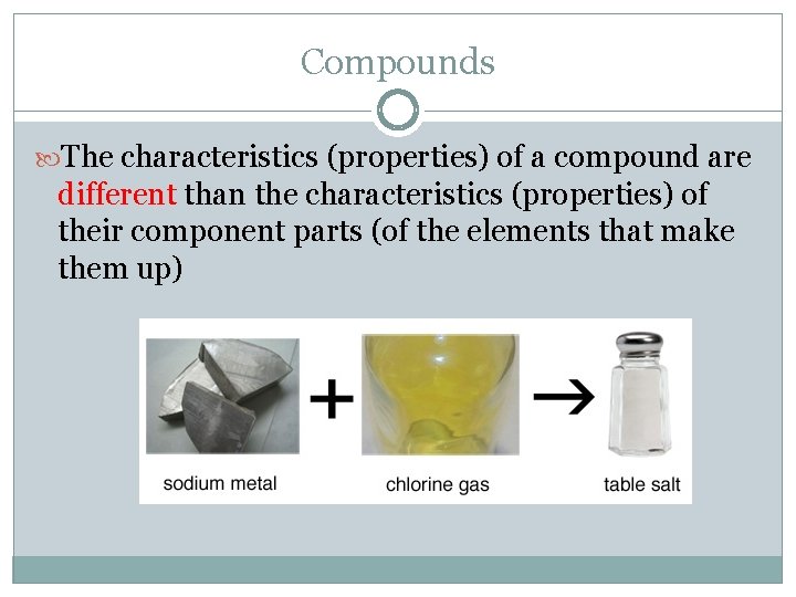 Compounds The characteristics (properties) of a compound are different than the characteristics (properties) of