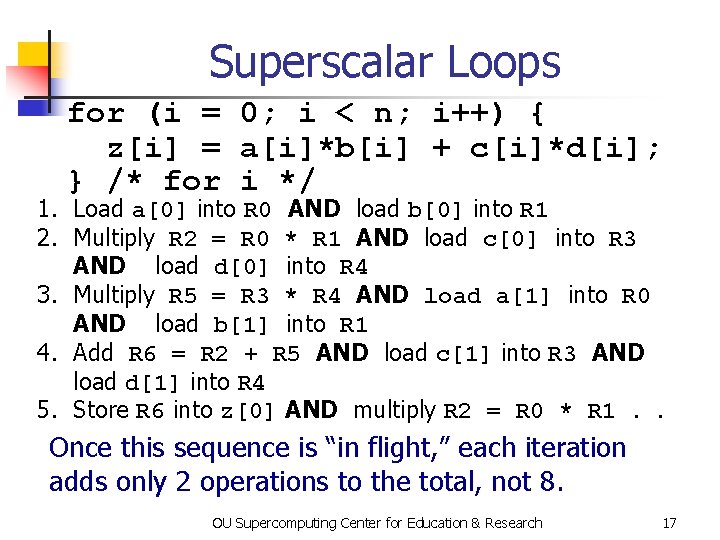 Superscalar Loops for (i = 0; i < n; i++) { z[i] = a[i]*b[i]