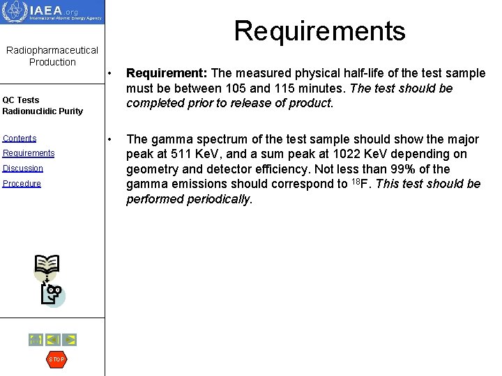 Radiopharmaceutical Production Requirements • Requirement: The measured physical half-life of the test sample must