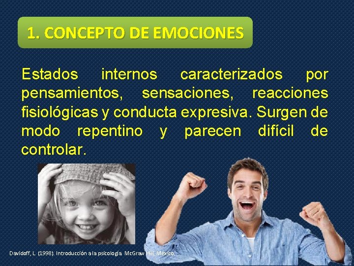 1. CONCEPTO DE EMOCIONES Estados internos caracterizados por pensamientos, sensaciones, reacciones fisiológicas y conducta
