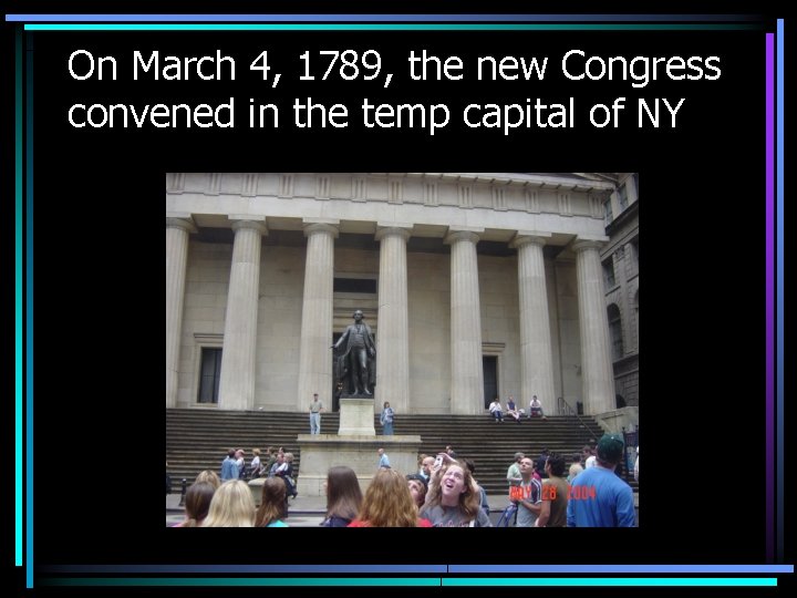 On March 4, 1789, the new Congress convened in the temp capital of NY On March 4, 1789, the new Congress convened in the temp capital of NY