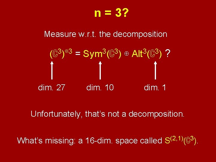 ? n = 3? Measure w. r. t. the decomposition ? (ℂ3)⊗ 3 =