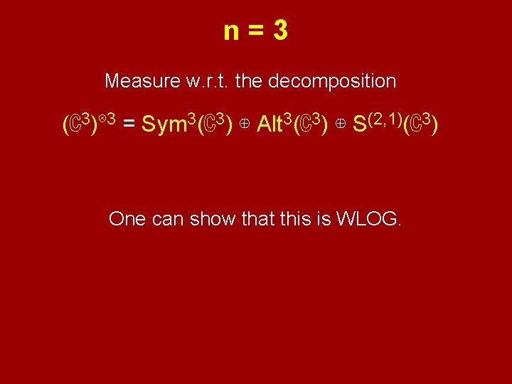 n=3 Measure w. r. t. the decomposition (ℂ3)⊗ 3 = Sym 3(ℂ3) ⊕ Alt