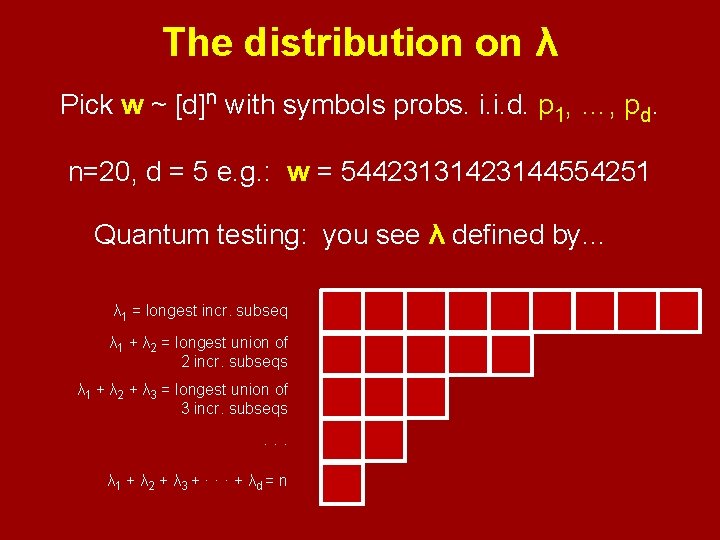 The distribution on λ Pick w ~ [d]n with symbols probs. i. i. d.