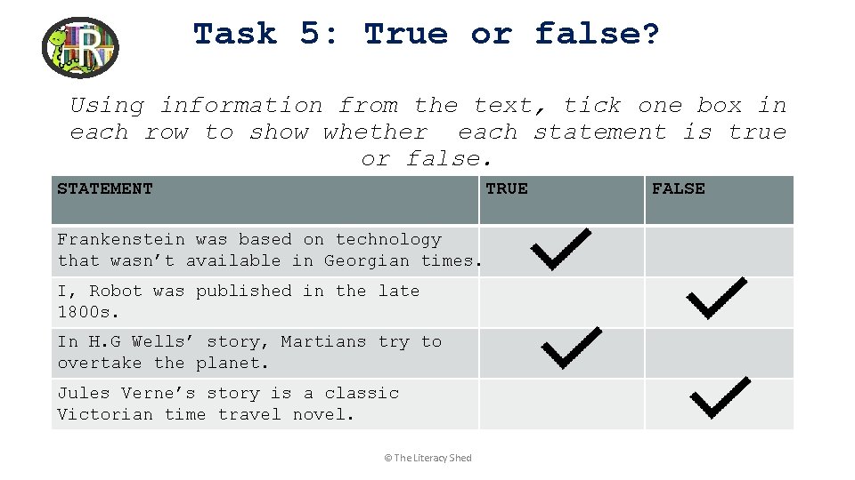 Task 5: True or false? Using information from the text, tick one box in