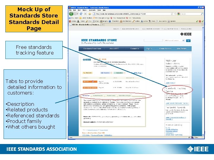 Mock Up of Standards Store Standards Detail Page Free standards tracking feature Tabs to