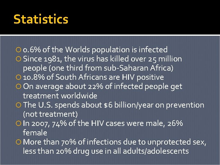 Statistics 0. 6% of the Worlds population is infected Since 1981, the virus has