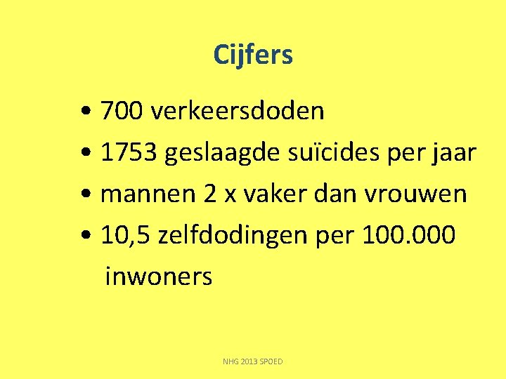 Cijfers • 700 verkeersdoden • 1753 geslaagde suïcides per jaar • mannen 2 x