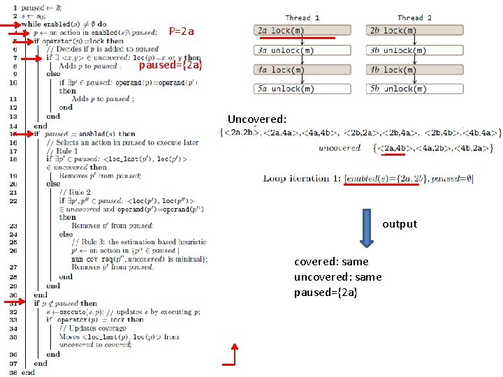 P=2 a paused={2 a} Uncovered: output covered: same uncovered: same paused={2 a} P=2 a paused={2 a} Uncovered: output covered: same uncovered: same paused={2 a}