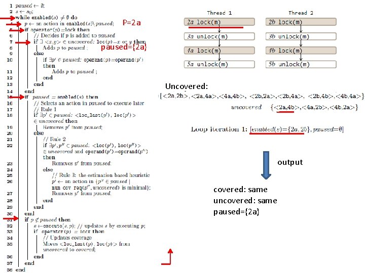 P=2 a paused={2 a} Uncovered: output covered: same uncovered: same paused={2 a} 