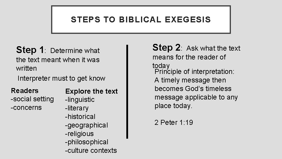 STEPS TO BIBLICAL EXEGESIS Step 1: Determine what the text meant when it was