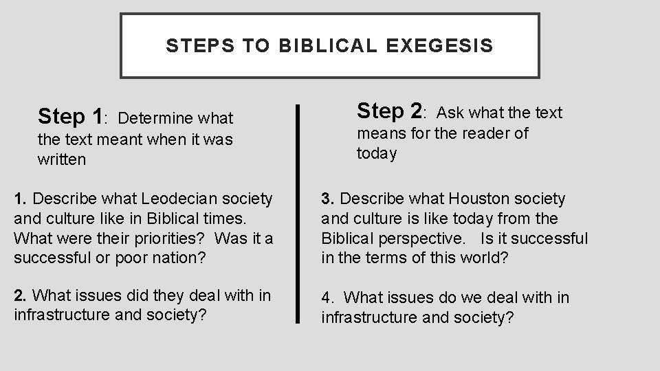 STEPS TO BIBLICAL EXEGESIS Step 1: Determine what the text meant when it was