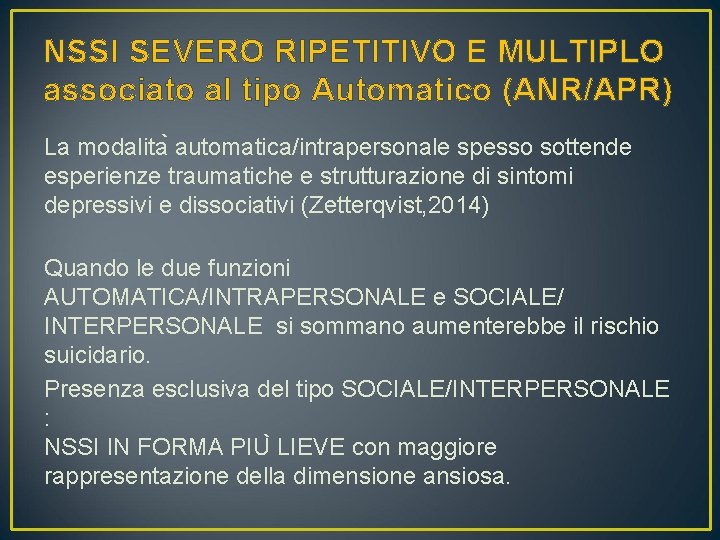 NSSI SEVERO RIPETITIVO E MULTIPLO associato al tipo Automatico (ANR/APR) La modalita automatica/intrapersonale spesso