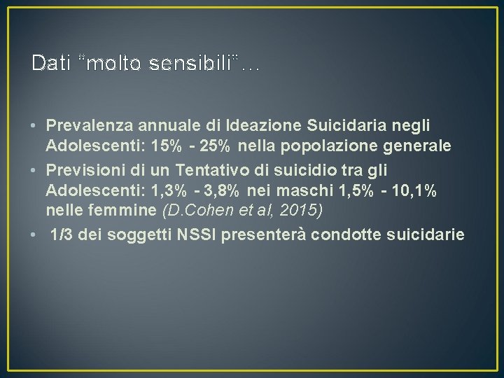 Dati “molto sensibili”… • Prevalenza annuale di Ideazione Suicidaria negli Adolescenti: 15% - 25%