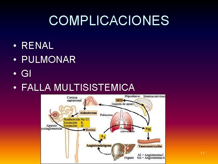 COMPLICACIONES • • RENAL PULMONAR GI FALLA MULTISISTEMICA LIC. NORA HUARACHI ARELLANO 11 