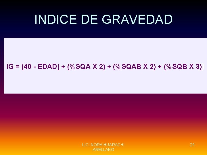 INDICE DE GRAVEDAD IG = (40 - EDAD) + (%SQA X 2) + (%SQAB