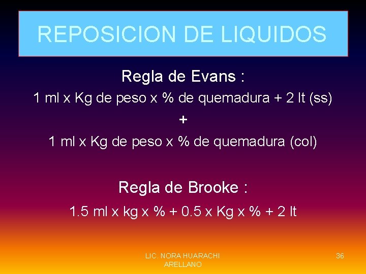 REPOSICION DE LIQUIDOS Regla de Evans : 1 ml x Kg de peso x