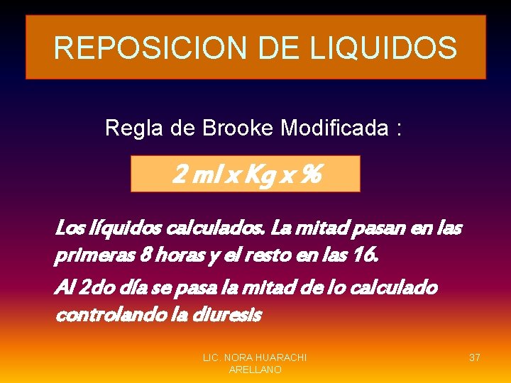 REPOSICION DE LIQUIDOS Regla de Brooke Modificada : 2 ml x Kg x %