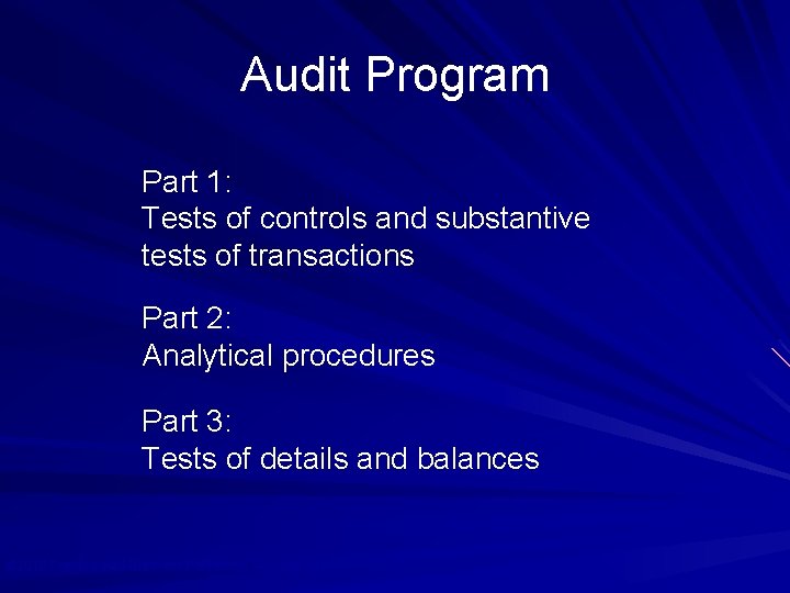 Audit Program Part 1: Tests of controls and substantive tests of transactions Part 2: