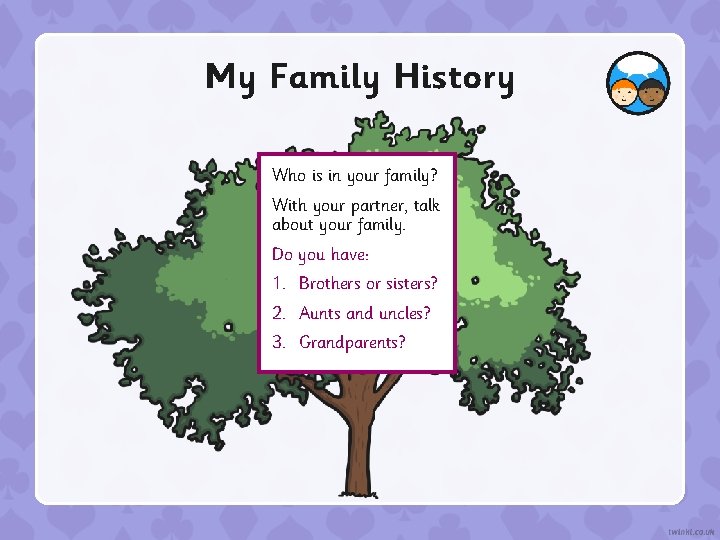 My Family History Who is in your family? With your partner, talk about your