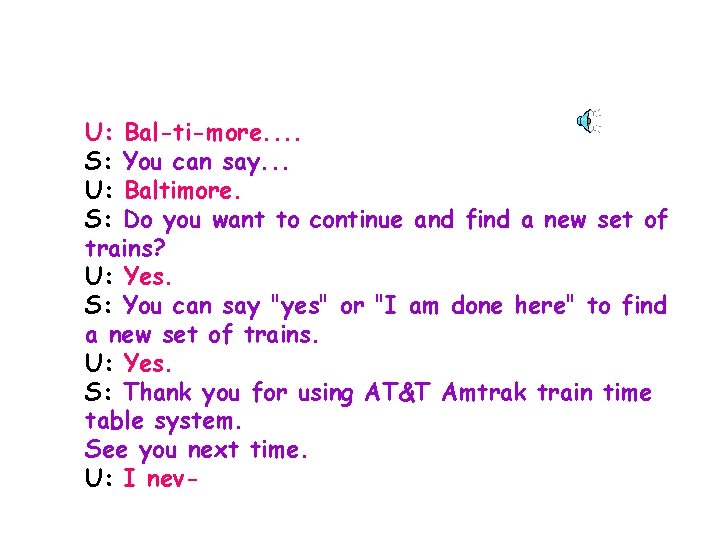 U: Bal-ti-more. . S: You can say. . . U: Baltimore. S: Do you