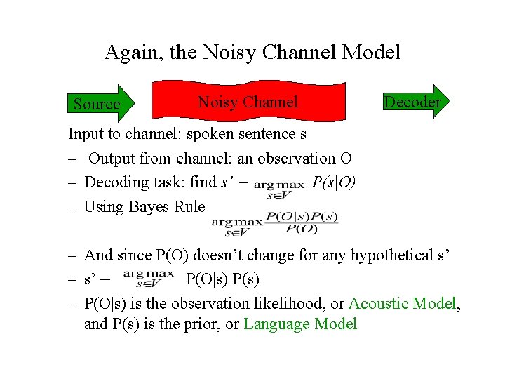 Again, the Noisy Channel Model Source Noisy Channel Decoder Input to channel: spoken sentence